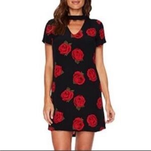 Sanctuary Madeline Choker V-Neck Black Mini Dress Rose Print Size S
